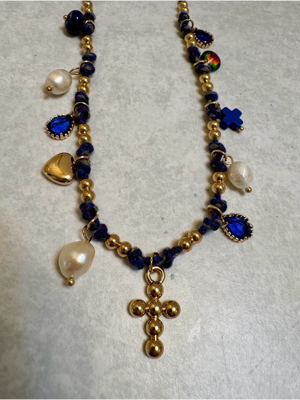 Gold & Navy Beaded Charm Cross Necklace with Blue Accents